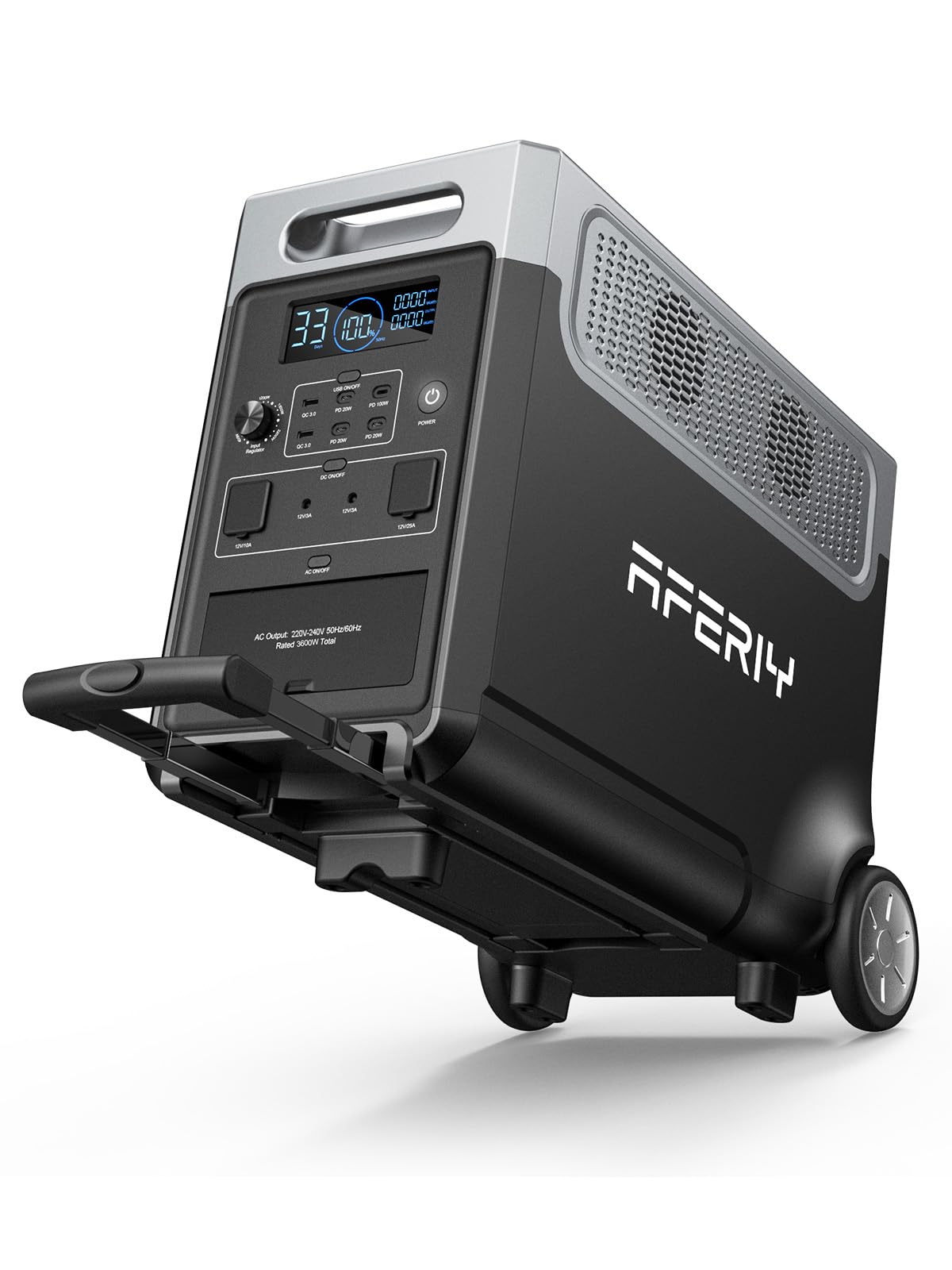 AFERIY 3600W Solargenerator, 3840Wh LiFePO4 Tragbare Powerstation mit USV, 3x230V AC Ausgang 3600W (7200W Peak), Stormerzeuger 2200W Schnelles Stromspeicher Aufladen für Reise, Outdoor-Camping