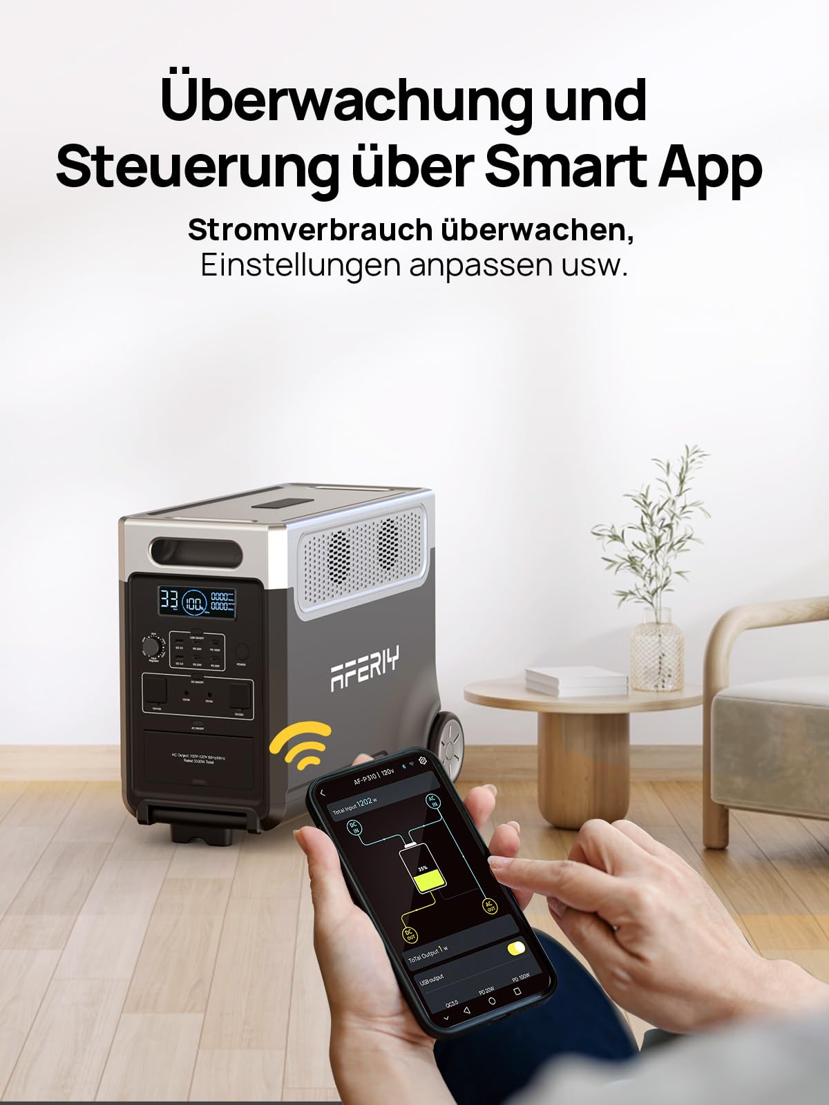 AFERIY Extension Battery LiFePO4 3840Wh Kompatibel mit P310 PRO, Solar- und Netzladegerät, USB-A und Typ-C Ausgänge, 4000W Max, Räder und Teleskopgriff, Nomadischer Akku 3840Wh
