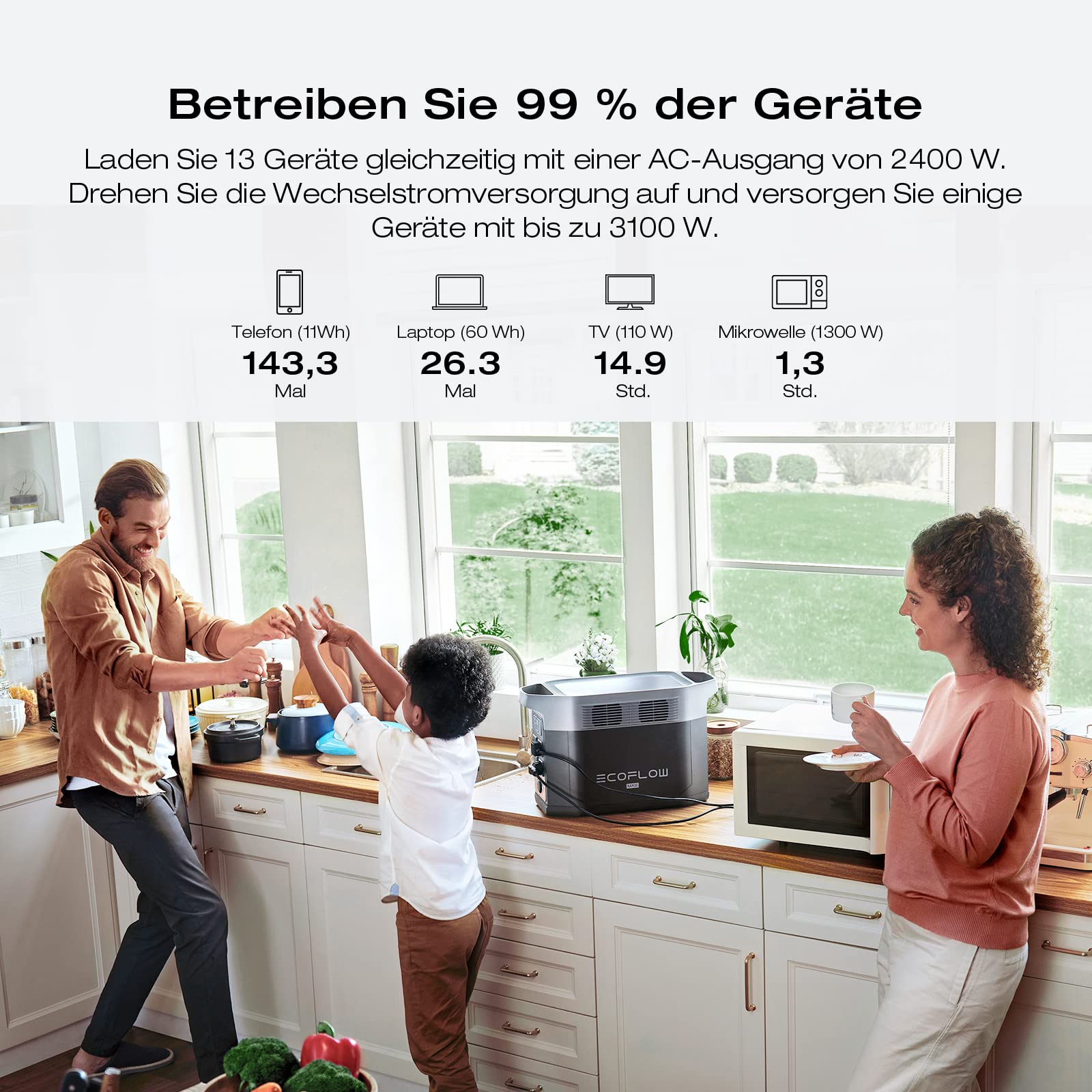 EcoFlow DELTA 2 Max tragbare Powerstation 2048Wh, erweiterbar 2-6 kWh, LFP-Batterie mit 3000 Zyklen, 80% Ladung <1 Std, 3000W Max Ausgangsleistung, Solargenerator für Zuhause, Camping, Wohnmobil